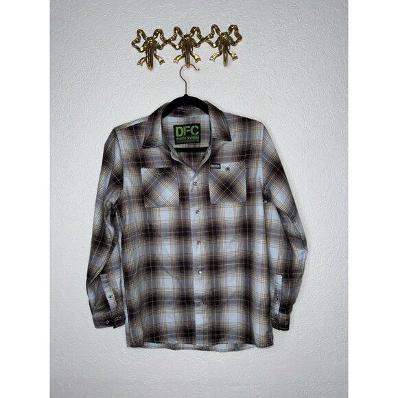 Dixxon Boys Flannel Shirt Size XL Youth Div Plaid Pearl Snap Front Brown Blue R2 - Picture 2 of 8